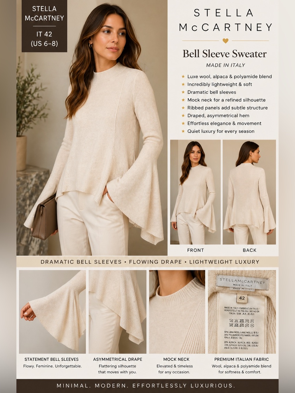 Stella McCartney Sweater Sz 42  USA 6/8 Wool Alpaca Bell Sleeve Asymmetrical tan